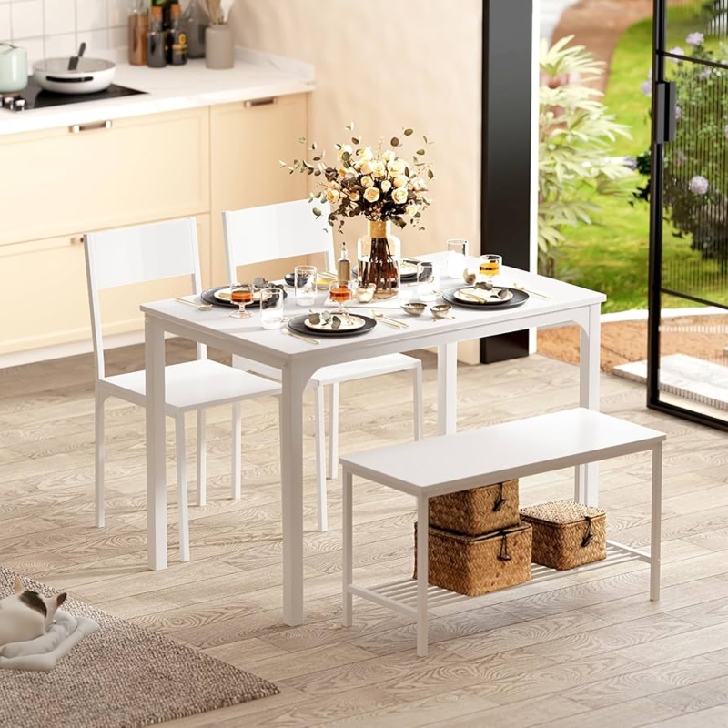 Dining Set White Finish Slatted Storage Bench Slim Profile