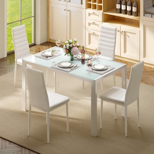 Dining Set White Glass Top Ribbed High Back Chairs Modern Minimalist