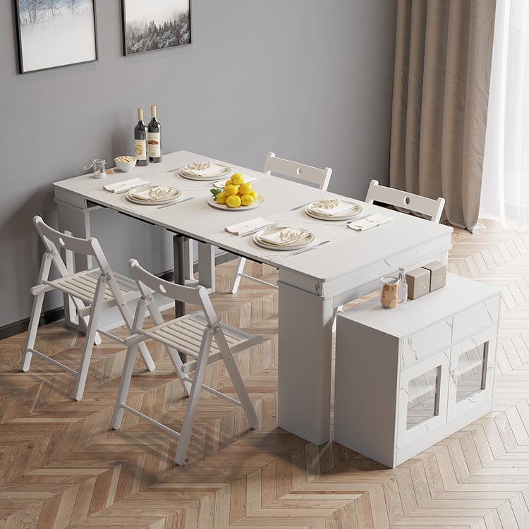 Dining Set White Marble Look Extendable Table and Folding Chairs Minimalist