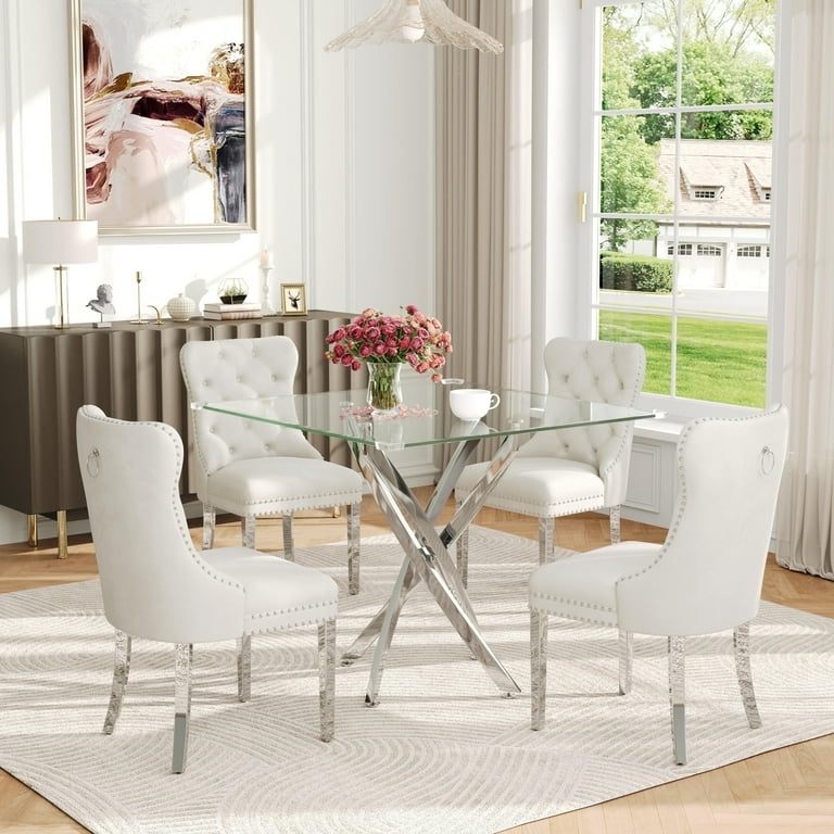 Dining Set White Tufted Chairs Square Glass Top Silver Cross Base Table