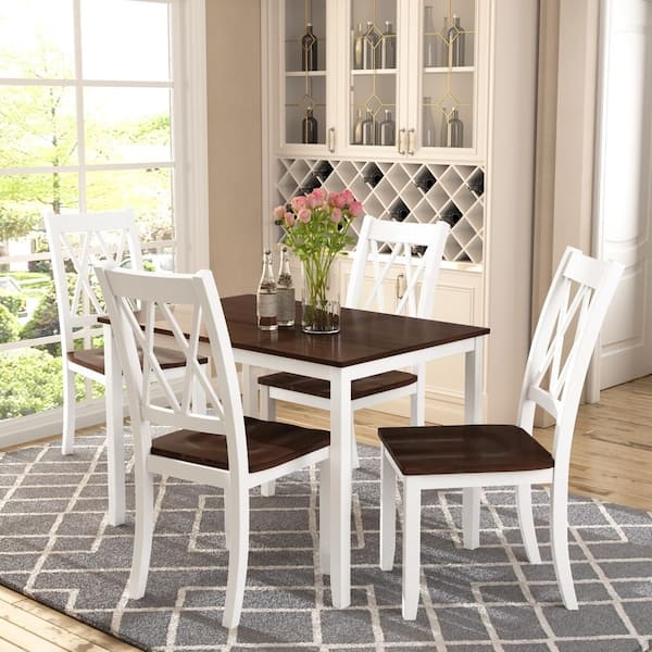 Dining Set White X-Back Chairs Two-Tone Rectangular Table