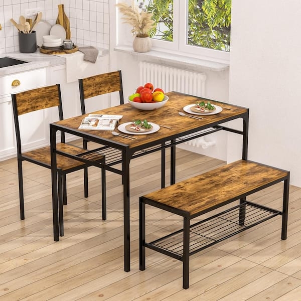 Dining Set with Bench, Integrated Shelf & Distressed Brown Finish