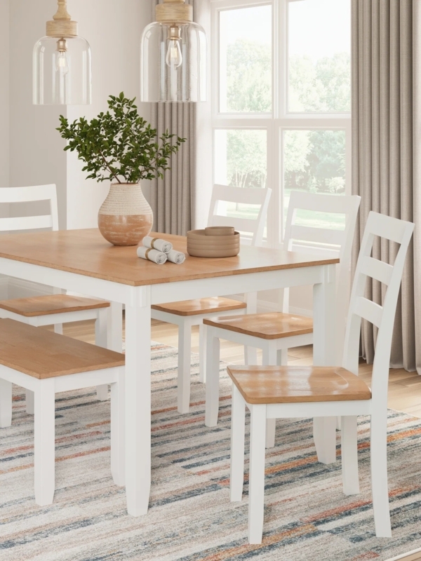 Dining Set with Bench Two-Tone White and Natural Wood Ladder Back