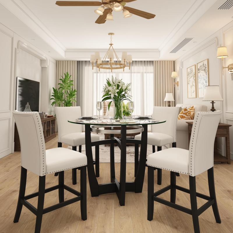 Dining Set with Glass Counter Table and Nailhead Trim Stools