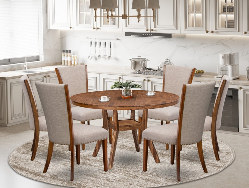 Dining Set with High Back Chairs in Tan Upholstery and Nailhead Trim