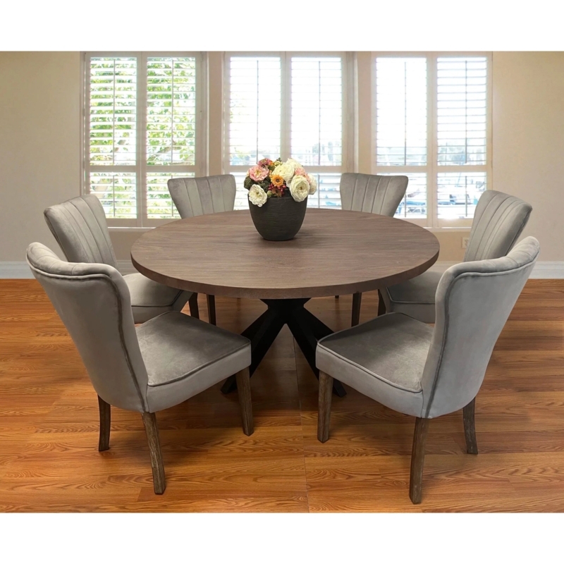 Dining Set with Mink Grey Upholstery and Round Wood Table, 72 Inch