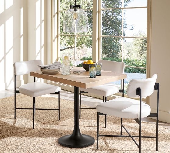 Dining Set with Pedestal Dining Table and White Upholstered Chairs