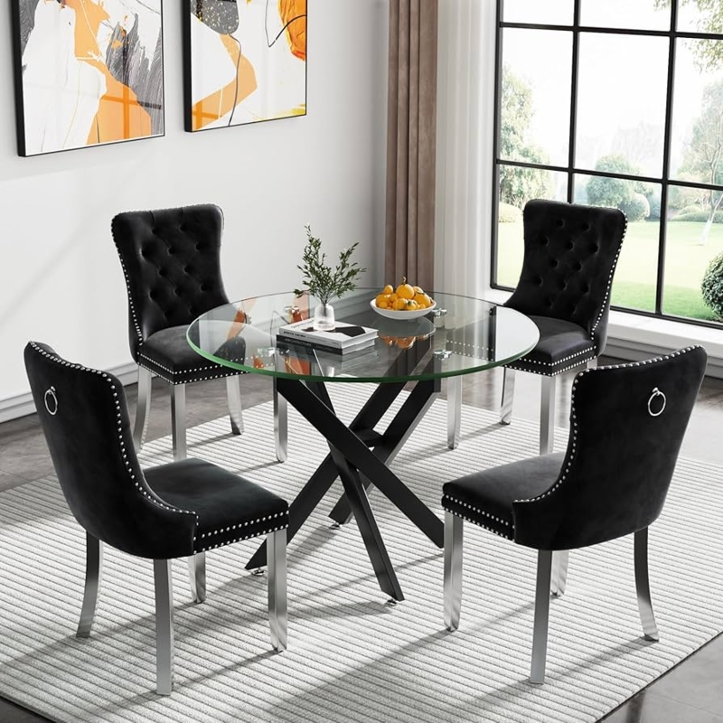 Dining Set with Ring Pull Back and Nailhead Trim Tufted Velvet Chairs