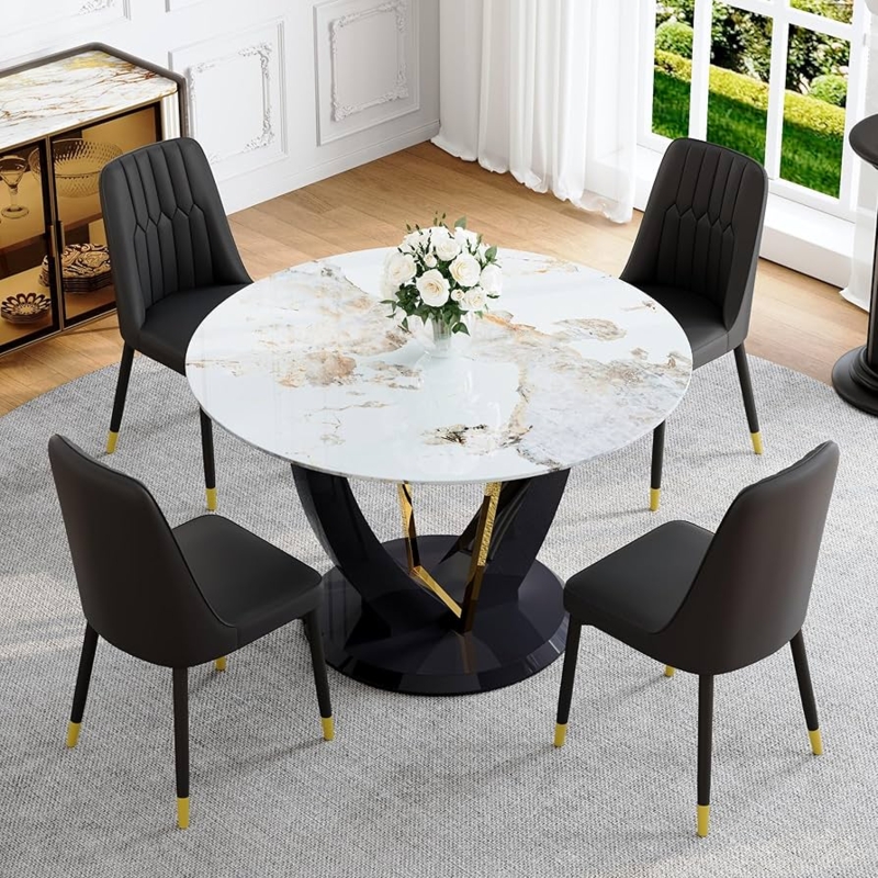 Dining Set with Stone-Like Top and Sculptural Pedestal, Gold Accents