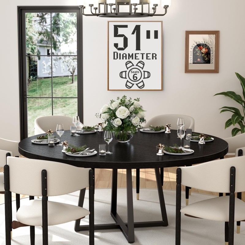 Dining Table 51 Inch Round Black Wood Grain Angled Pedestal Base
