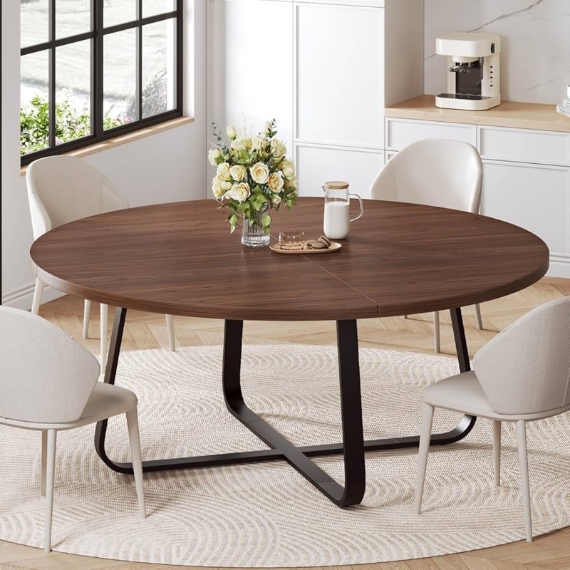 Dining Table 60 Inch Round Walnut Finish Sculptural Cross Base