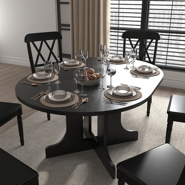 Dining Table, All Black Expandable Oval Trestle Farmhouse Style