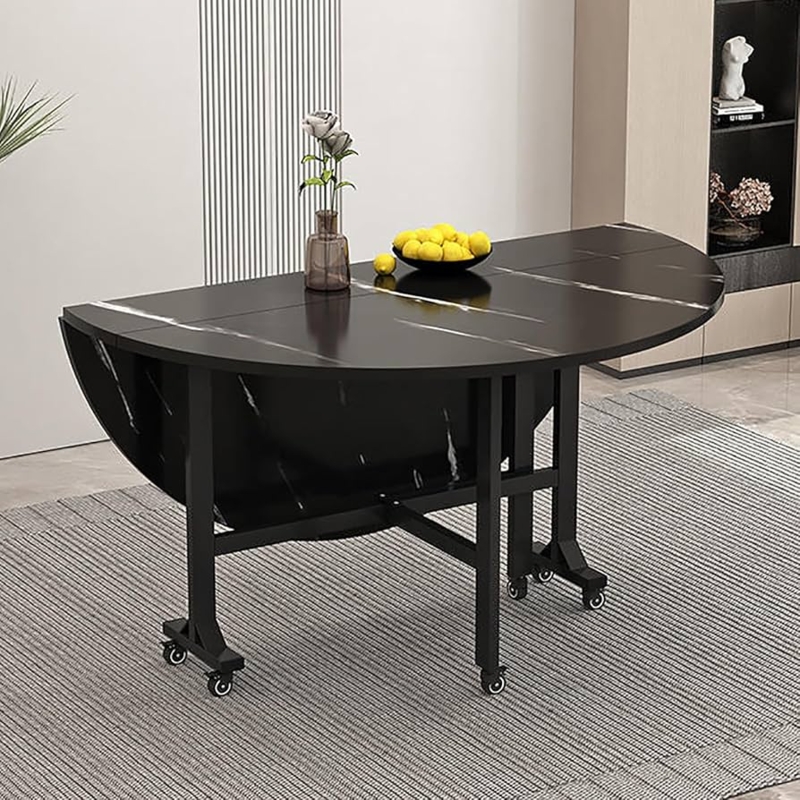 Dining Table Black Marble Effect Drop Leaf Folding with Wheels Modern