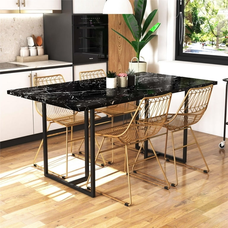 Dining Table Black Marble Pattern U-Shaped Legs Gold Wire Chairs