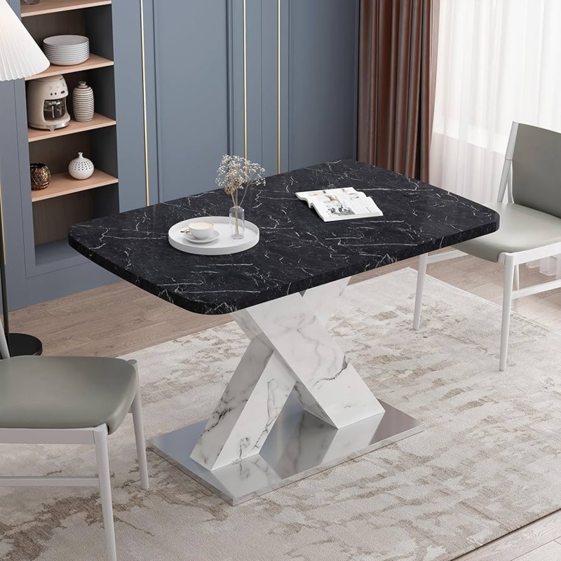 Dining Table Black Marble Pedestal Top White X-Base Rounded Corners