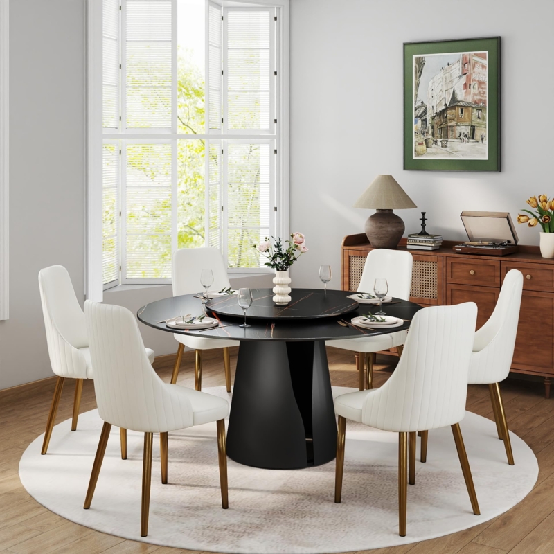 Dining Table Black Round Stone with Lazy Susan and White Gold Chairs