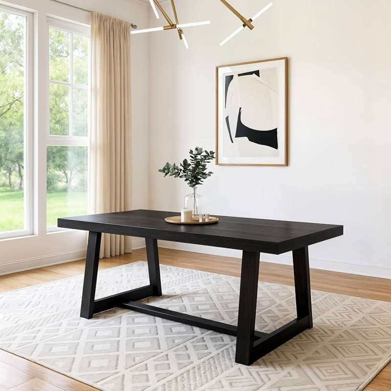 Dining Table Black Wirebrushed Wood A-Frame Trestle Base