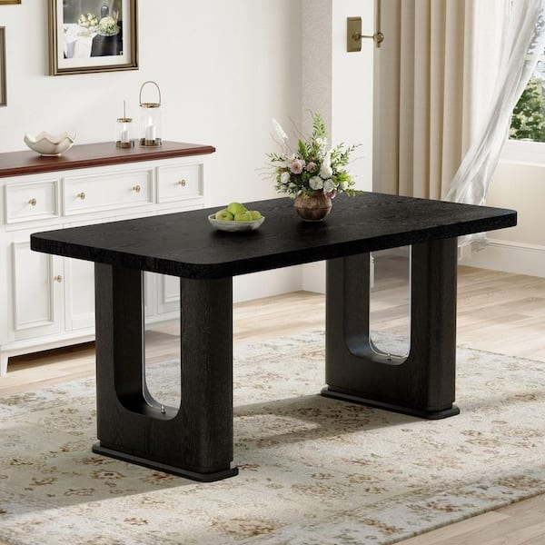 Dining Table Black Wood Grain Sculptural U-Shaped Pedestal Base