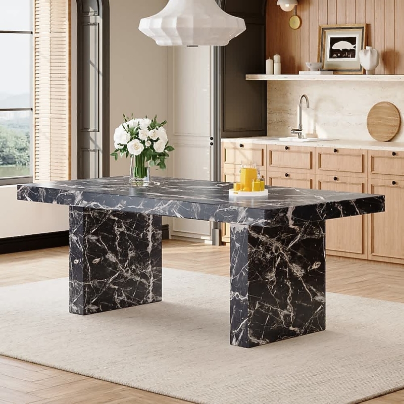 Dining Table Bold Marble Pattern Thick Block Legs 8 Seater