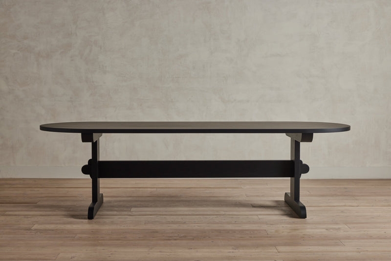 Dining Table, Charcoal Black Pill Shape Trestle with Matte Finish