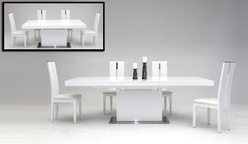 Dining Table Chunky Pedestal High Gloss White Extendable Top