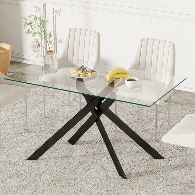 Dining Table Clear Glass Top Black Cross-Leg Base Minimalist Furniture