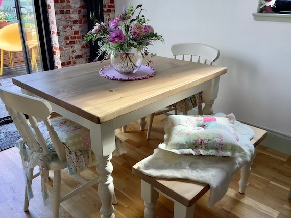 Dining Table Cream Painted Turned Legs Rustic Wood Top Cottagecore