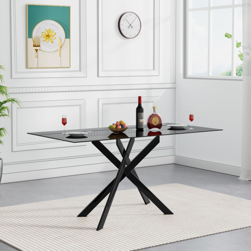 Dining Table Criss-Cross Legs Black Glass Top Minimalist 4 Person