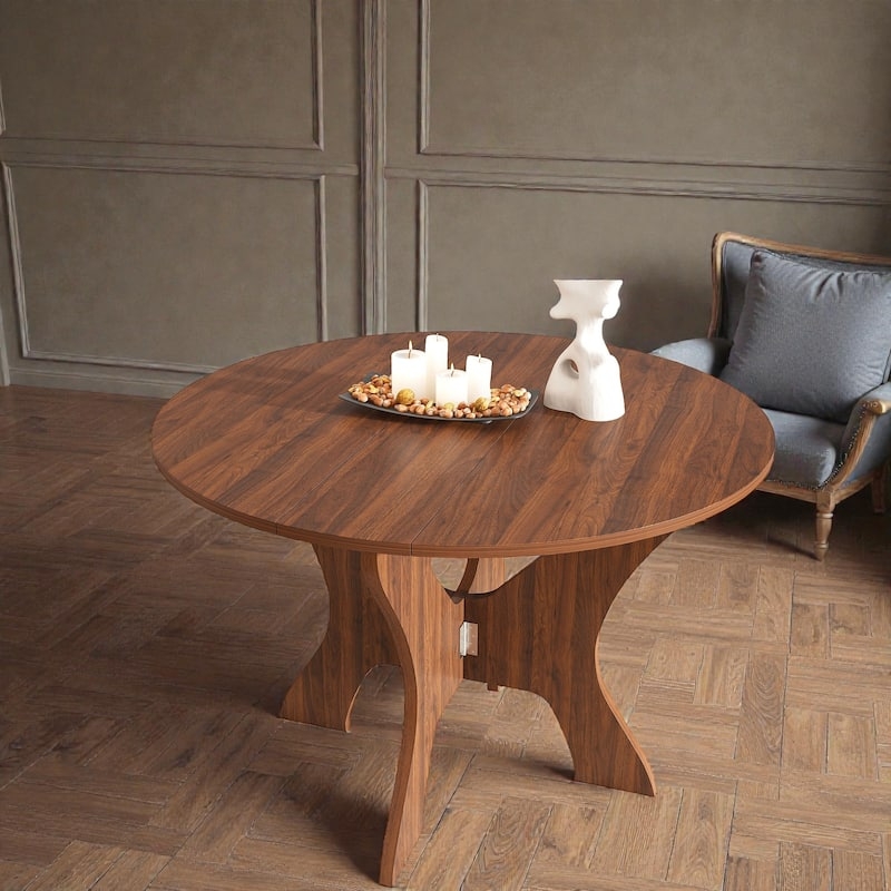 Dining Table Cutout Sculptural Base Walnut Finish Round Top