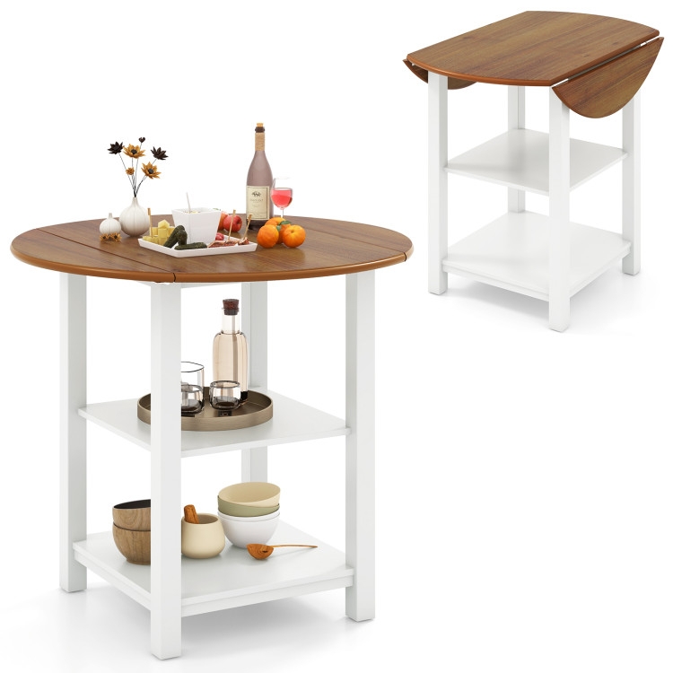 Dining Table Drop Leaf Round With Integrated Shelving Two Tone Finish