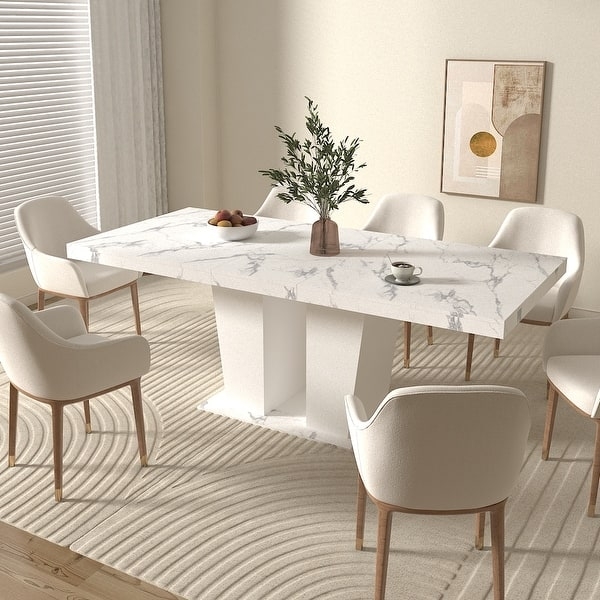 Dining Table Dual Column Pedestal Rectangular White Faux Marble Top