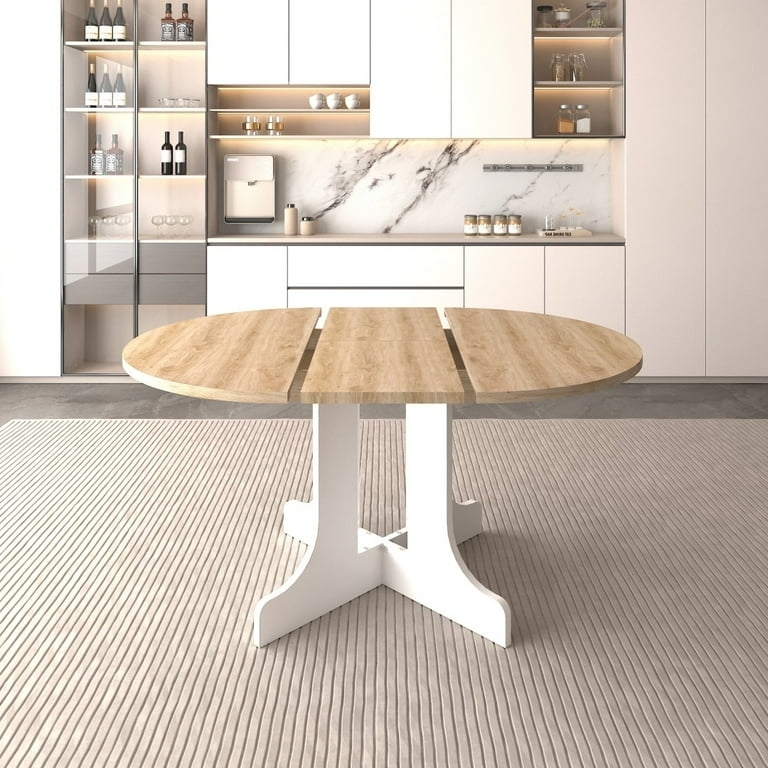 Dining Table, Expandable Oval Wood Grain Top on White X-Base