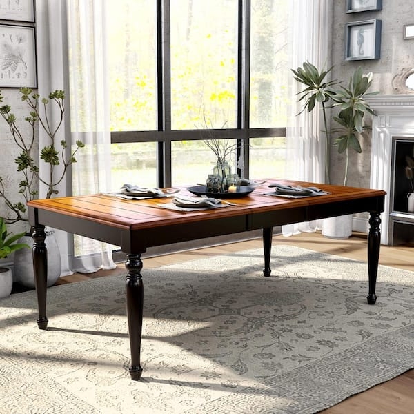 Dining Table Expandable Plank Top Turned Legs Two Tone Finish Farmhouse