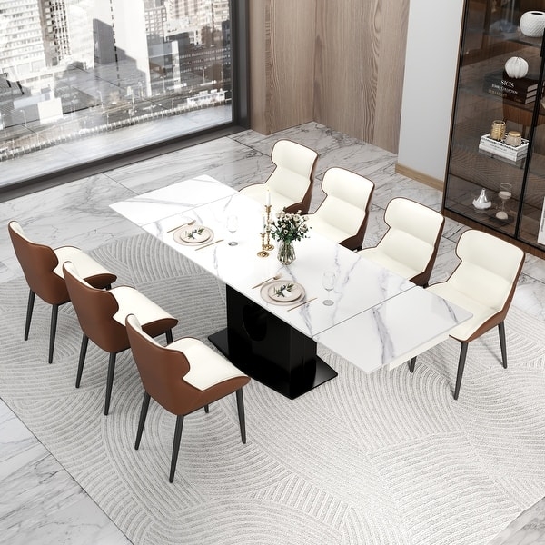Dining Table Extendable Marble Top Black Pedestal Base Modern