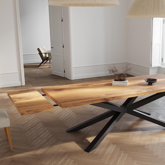 Dining Table Extendable Spider Legs Thick Plank Oak Top Industrial