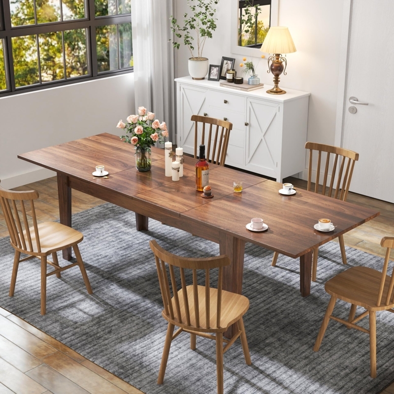 Dining Table Extendable Walnut Finish Rustic Modern Wood