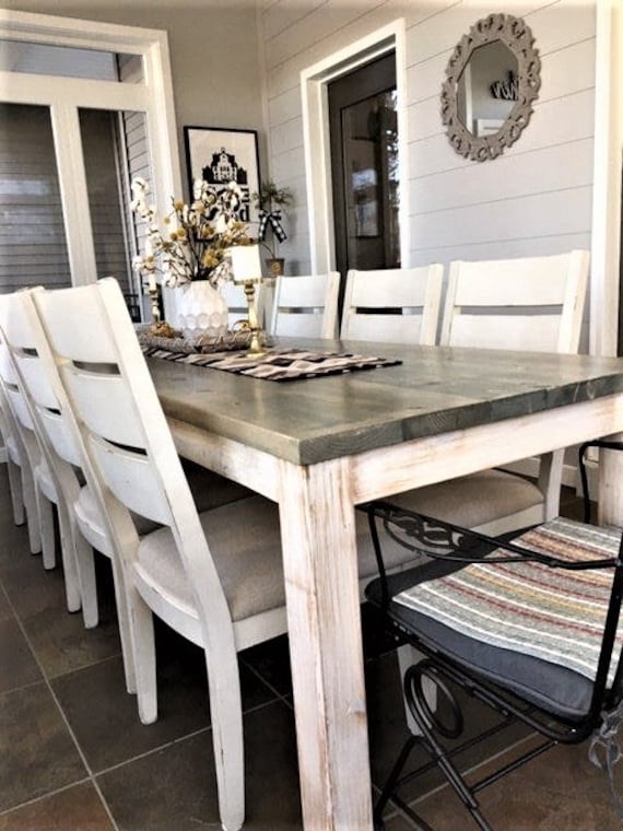 Dining Table Extra Long Farmhouse Gray Wash Top Whitewashed Base
