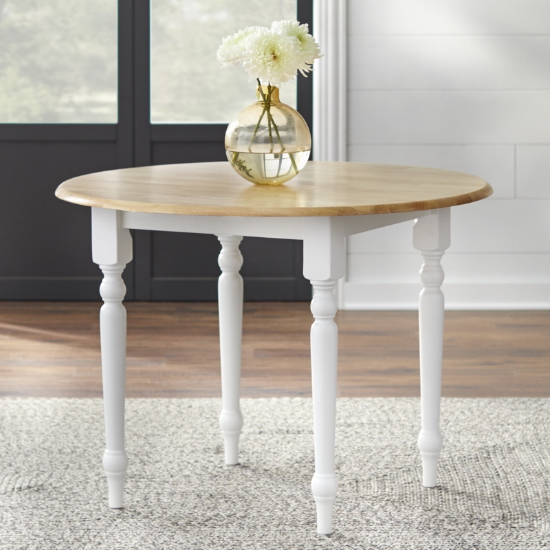 Dining Table Farmhouse Round Drop Leaf White and Natural Turned Legs