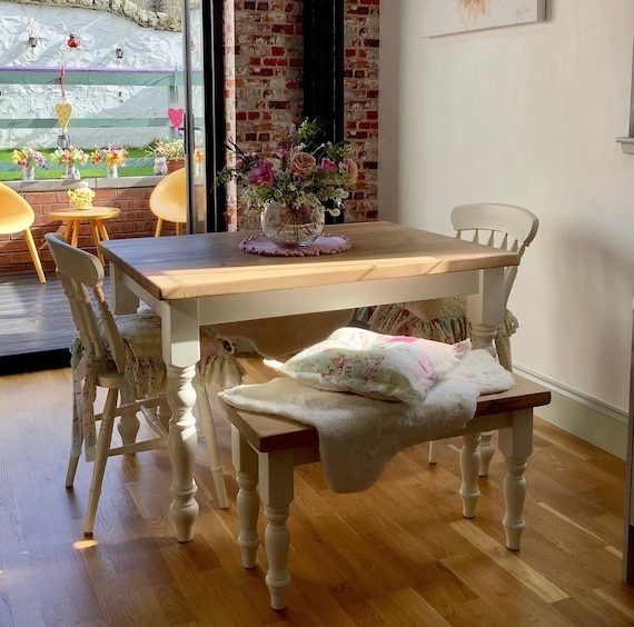 Dining Table Farmhouse Turned Legs White Base Wood Top