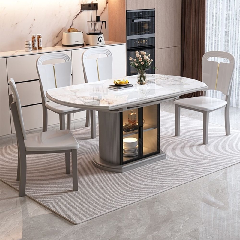 Dining Table Fluted Base Pedestal Storage Glass Door Oval Stone Top