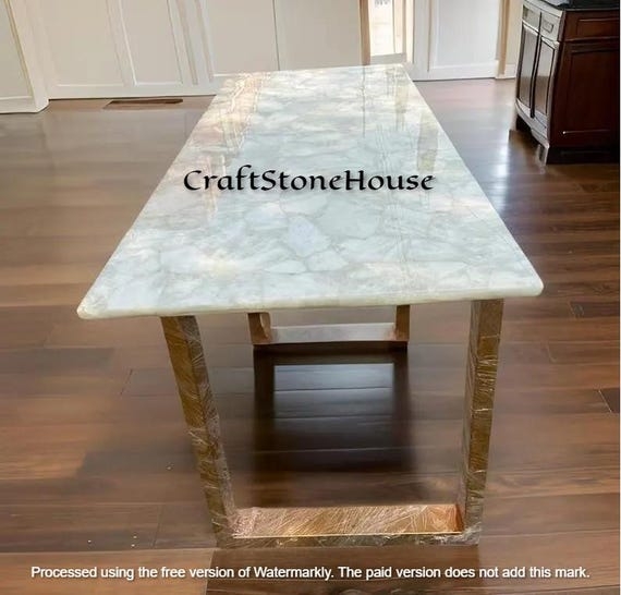 Dining Table Gemstone Mosaic Top Gold U-Shaped Legs Polished Quartz
