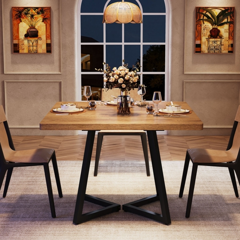 Dining Table Geometric Metal Base Square Wood Top Modern Kitchen