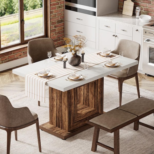 Dining Table Geometric Pedestal Base White Top Wood Finish Modern