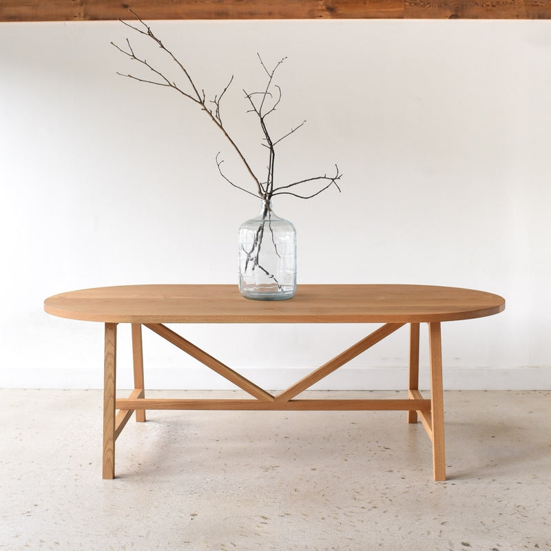 Dining Table, Geometric V-Shaped Trestle Base in Light Natural Wood
