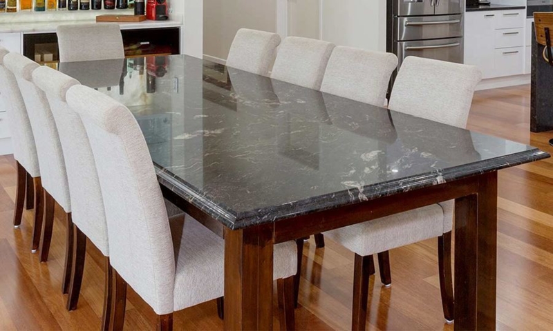 Dining Table Glossy Stone Top High Contrast Transitional Elegance
