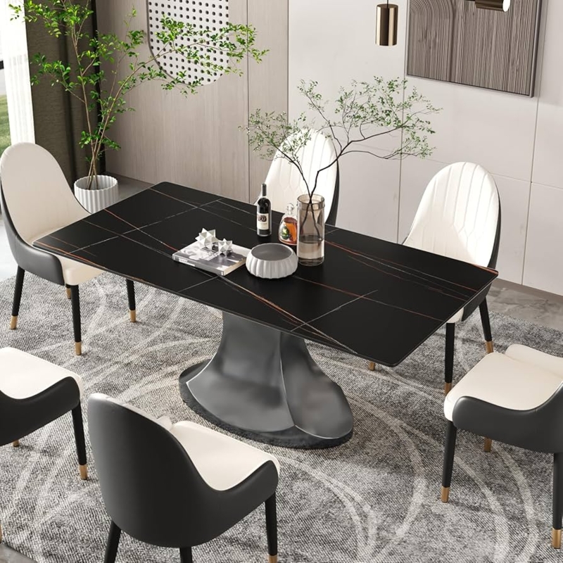 Dining Table Gold Veined Stone Sculptural Pedestal Base Modern