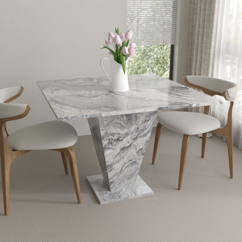 Dining Table Granite Look Pedestal Gray Veined Stone Square Top