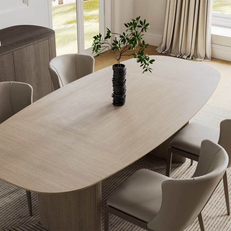 Dining Table Gray Wood Grain Ribbed Pedestal Modern Oval