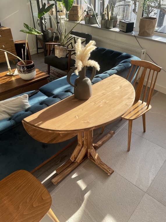 Dining Table Half Moon Drop Leaf Honey Wood Multi Post Pedestal Boho
