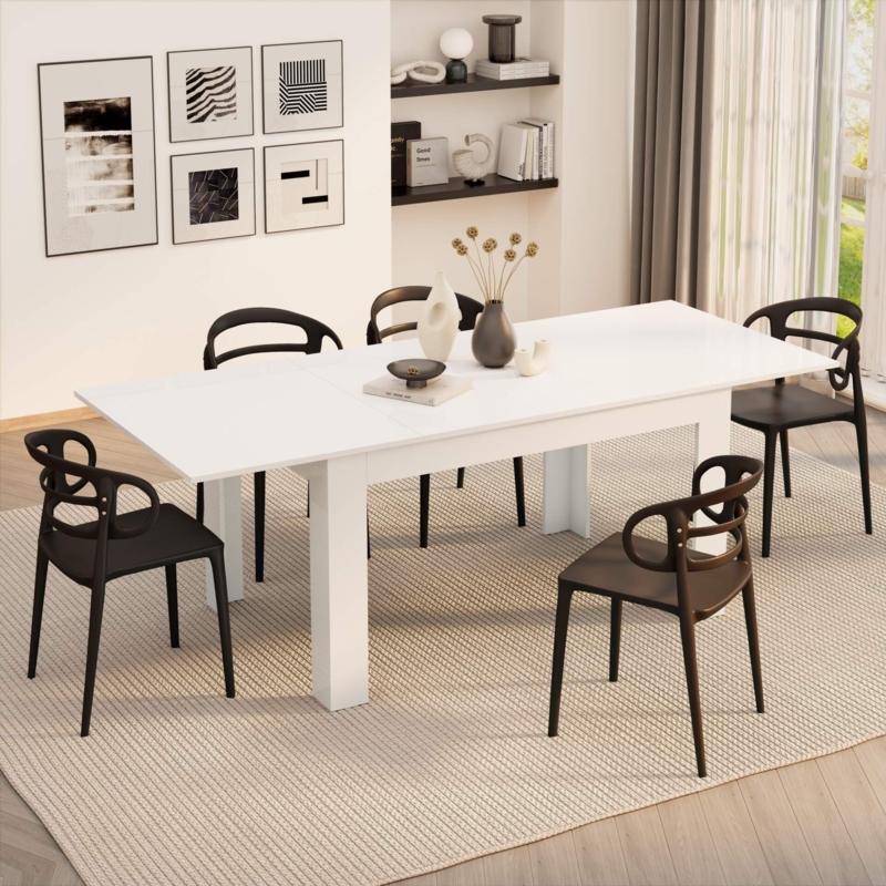 Dining Table High Gloss White Extendable Modern Monochrome